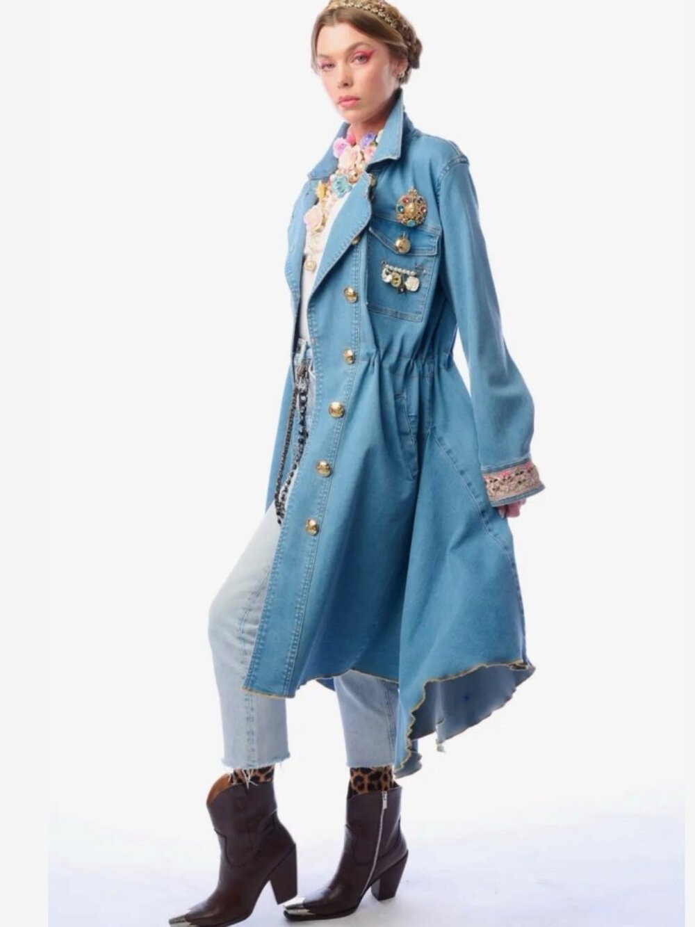 Aratta Monte Carlo Denim Hi-Low Long Coat Blue Decorative Brooch Size S M L - Picture 15 of 15